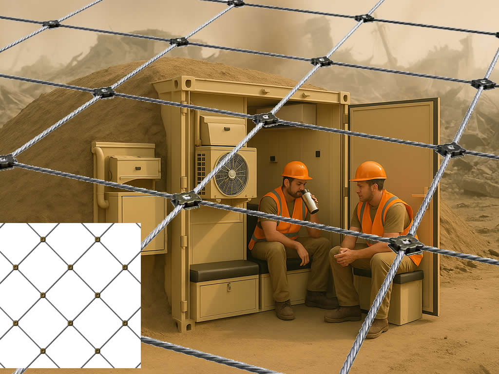 Anti-drone protection mesh for shelters, galvanized steel cable net 5 mm and 8 mm, FPV drone and loitering munition protection system.