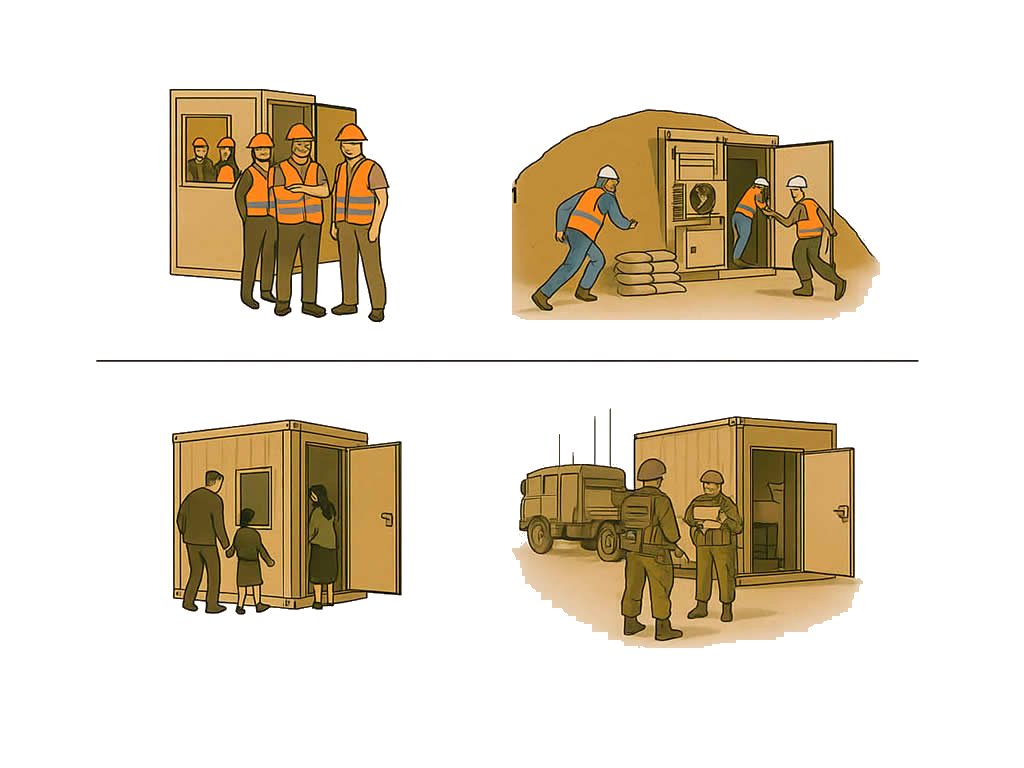 Protection from shelling and shrapnel — certified modular protective structure, bomb shelter, air-raid shelter, shelter, emergency shelter, cover, hiding place, boom, armored modular shelter, modular protected structure