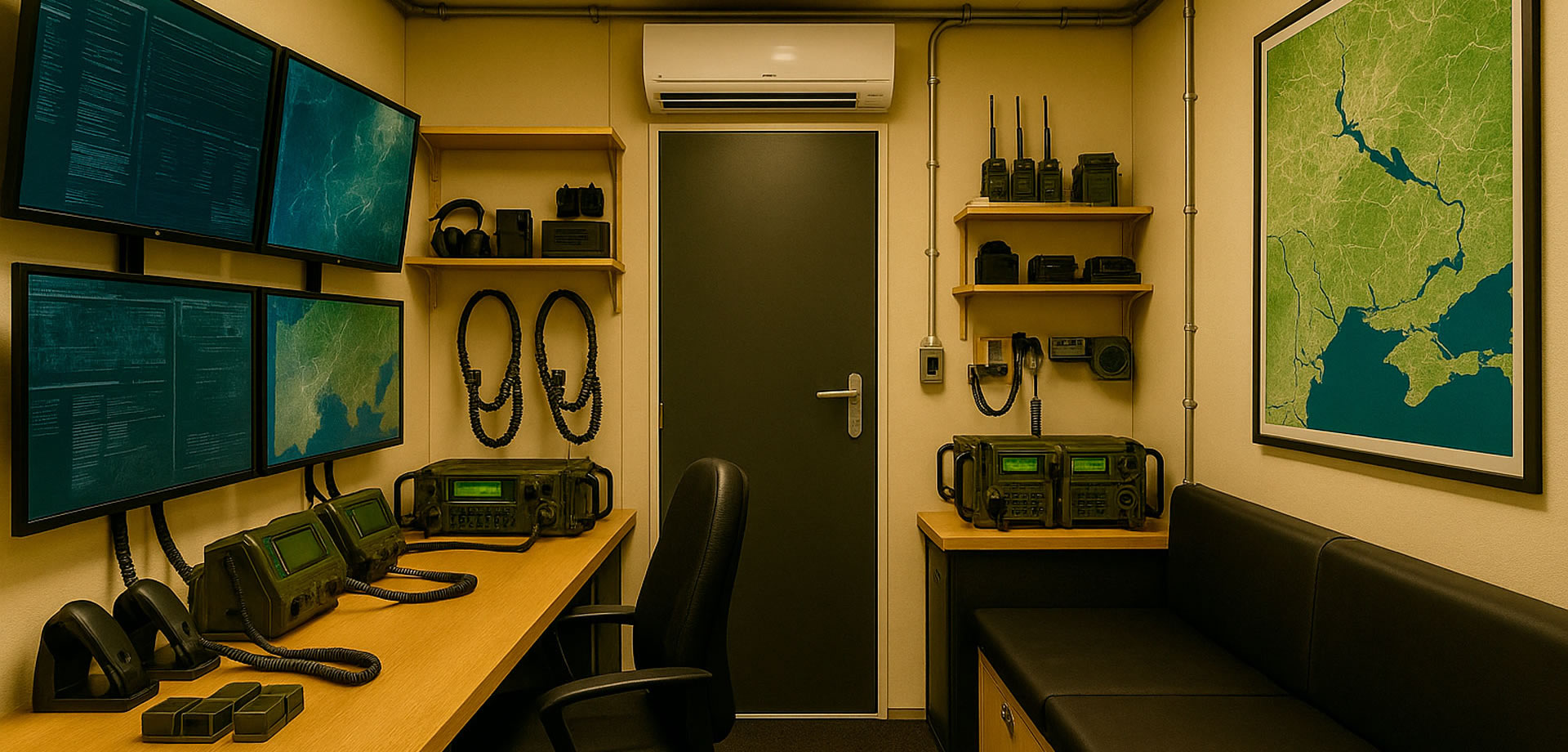 Mobile command and communication post based on protective shelter, Mobile C2 (Command and Control) center; Modular ballistic protection; Quick-assembly mobile base; Field maintenance shelter.